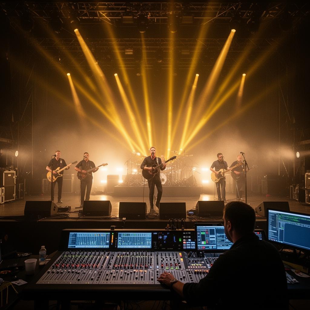 Live band with audio engineer mixing front of house